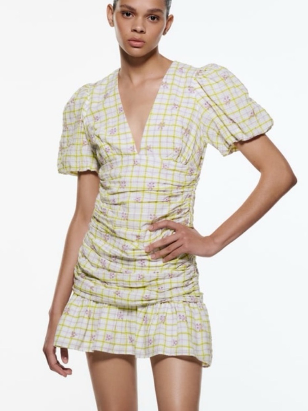 Zara Yellow Plaid Mini Dress with Lilac Floral